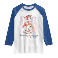 Celebrating 250 Years of American Spirit Flamingo Raglan Shirt Cute Patriotic Tropical Bird Summer Landmarks Fireworks