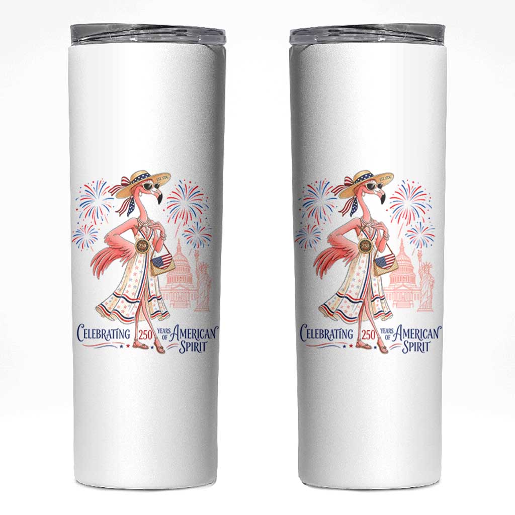 Celebrating 250 Years of American Spirit Flamingo Skinny Tumbler Cute Patriotic Tropical Bird Summer Landmarks Fireworks