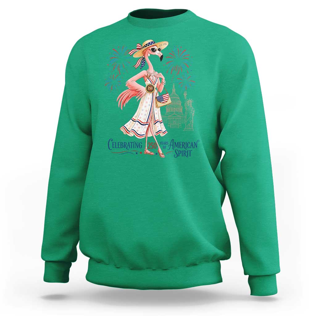 Celebrating 250 Years of American Spirit Flamingo Sweatshirt Cute Patriotic Tropical Bird Summer Landmarks Fireworks