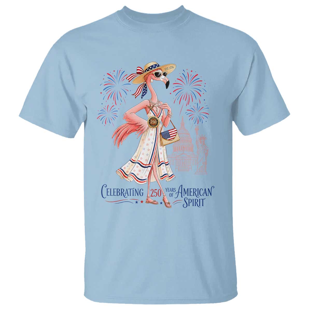Celebrating 250 Years of American Spirit Flamingo T Shirt Cute Patriotic Tropical Bird Summer Landmarks Fireworks