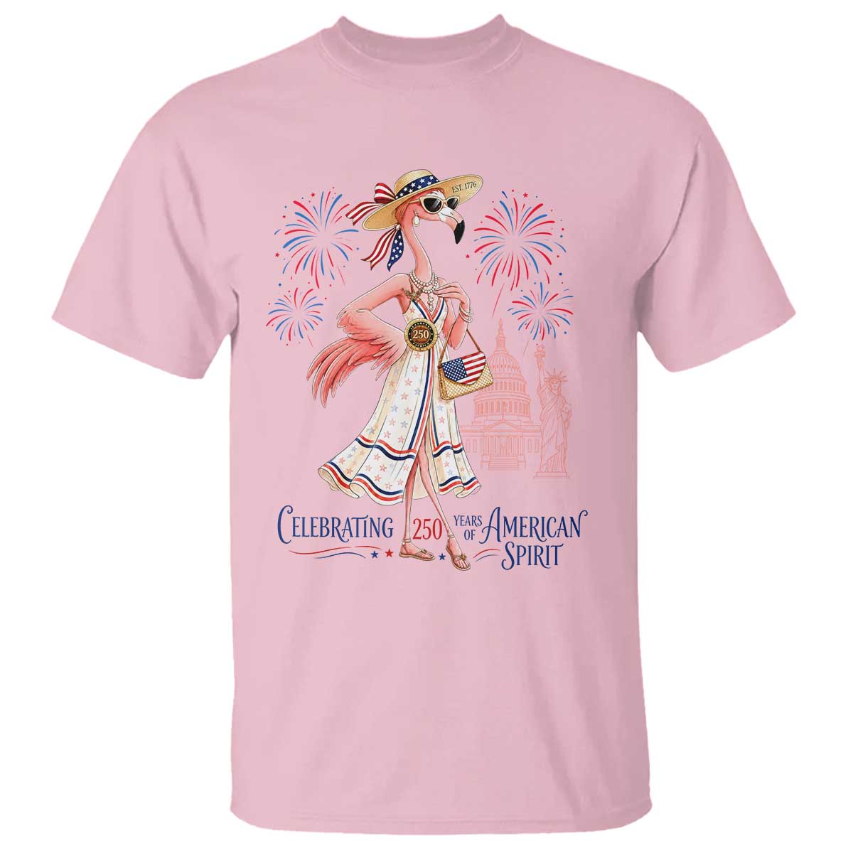 Celebrating 250 Years of American Spirit Flamingo T Shirt Cute Patriotic Tropical Bird Summer Landmarks Fireworks