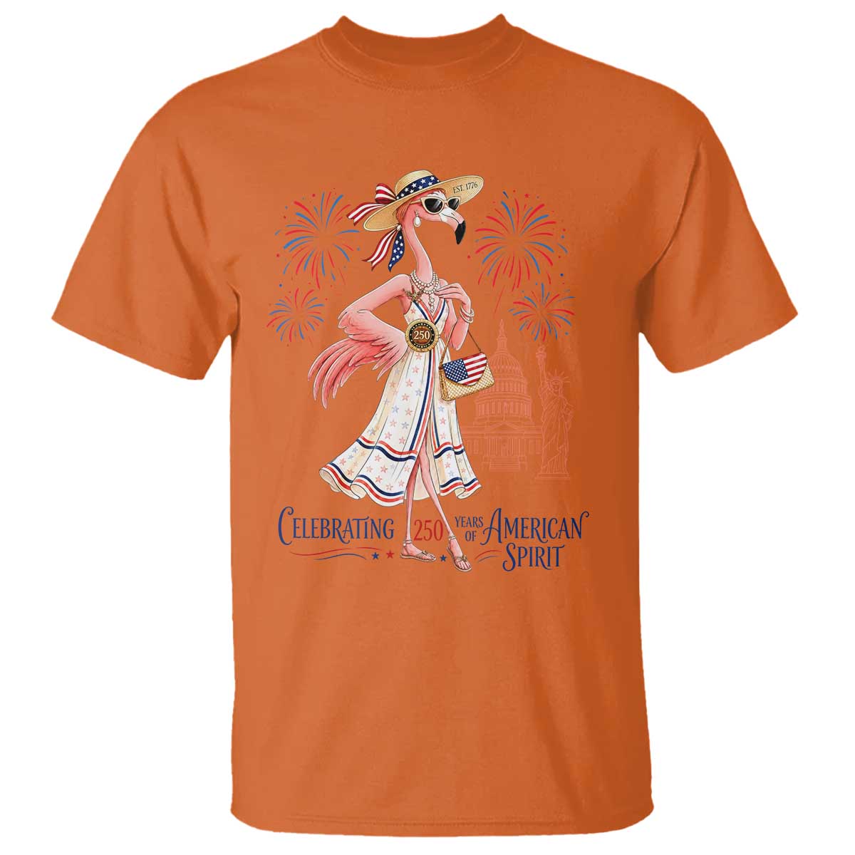 Celebrating 250 Years of American Spirit Flamingo T Shirt Cute Patriotic Tropical Bird Summer Landmarks Fireworks