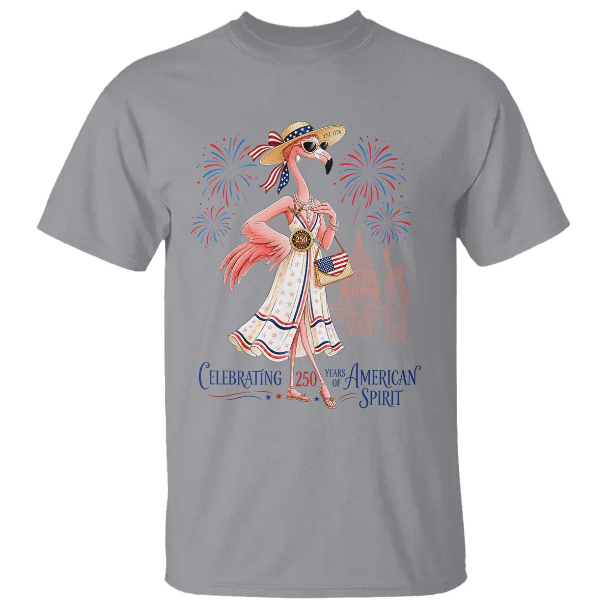 Celebrating 250 Years of American Spirit Flamingo T Shirt Cute Patriotic Tropical Bird Summer Landmarks Fireworks