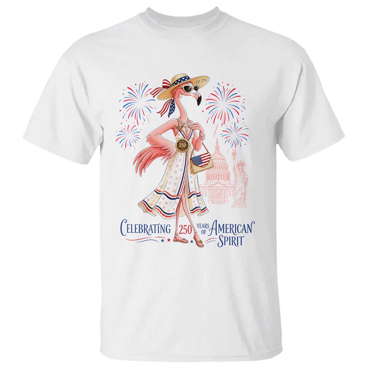 Celebrating 250 Years of American Spirit Flamingo T Shirt Cute Patriotic Tropical Bird Summer Landmarks Fireworks