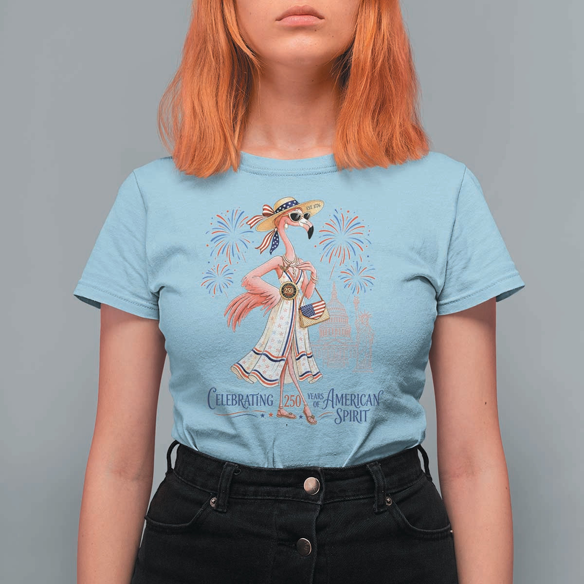 Celebrating 250 Years of American Spirit Flamingo T Shirt For Women Cute Patriotic Tropical Bird Summer Landmarks Fireworks