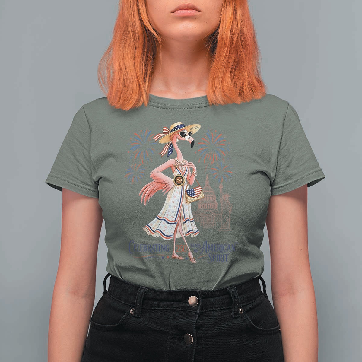 Celebrating 250 Years of American Spirit Flamingo T Shirt For Women Cute Patriotic Tropical Bird Summer Landmarks Fireworks