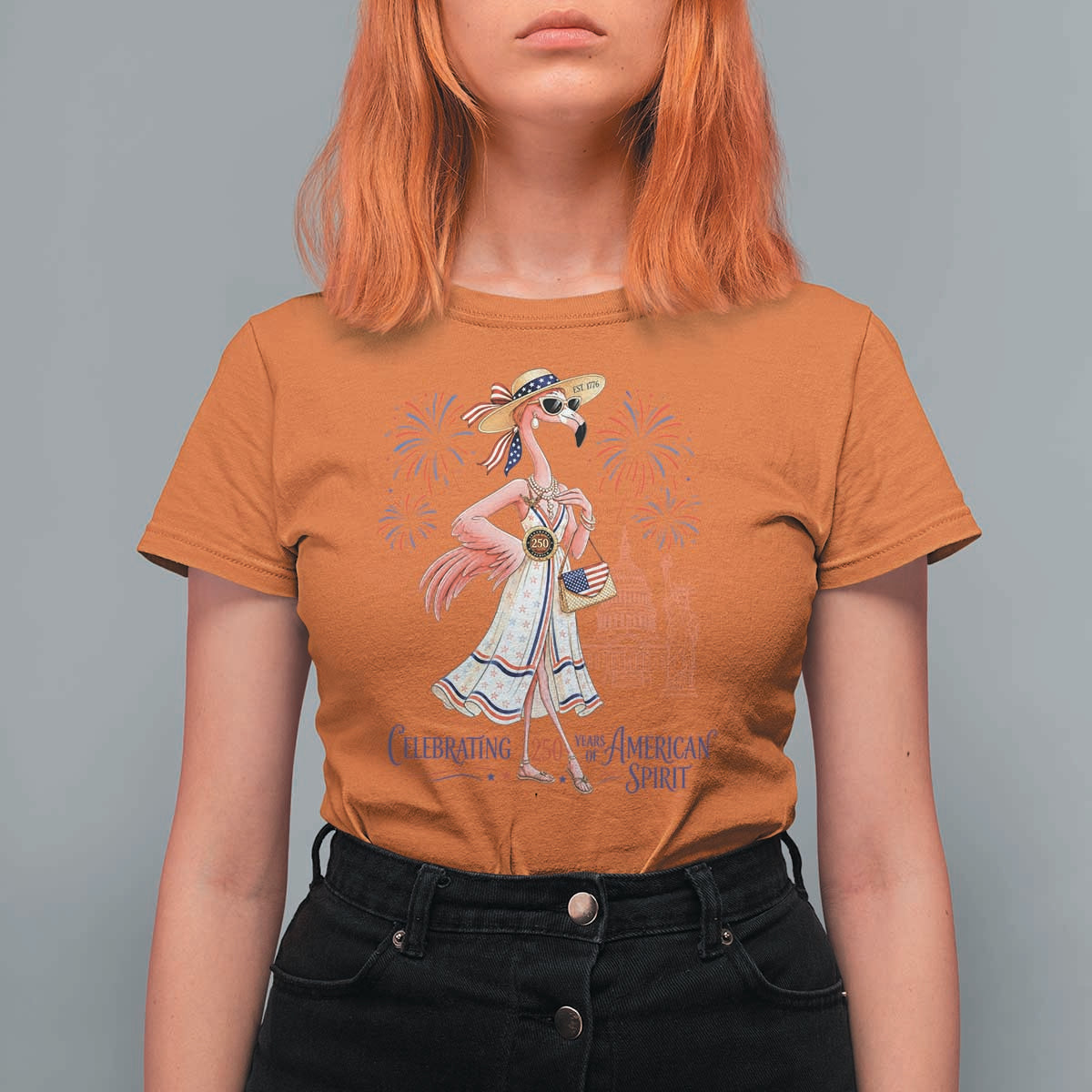 Celebrating 250 Years of American Spirit Flamingo T Shirt For Women Cute Patriotic Tropical Bird Summer Landmarks Fireworks