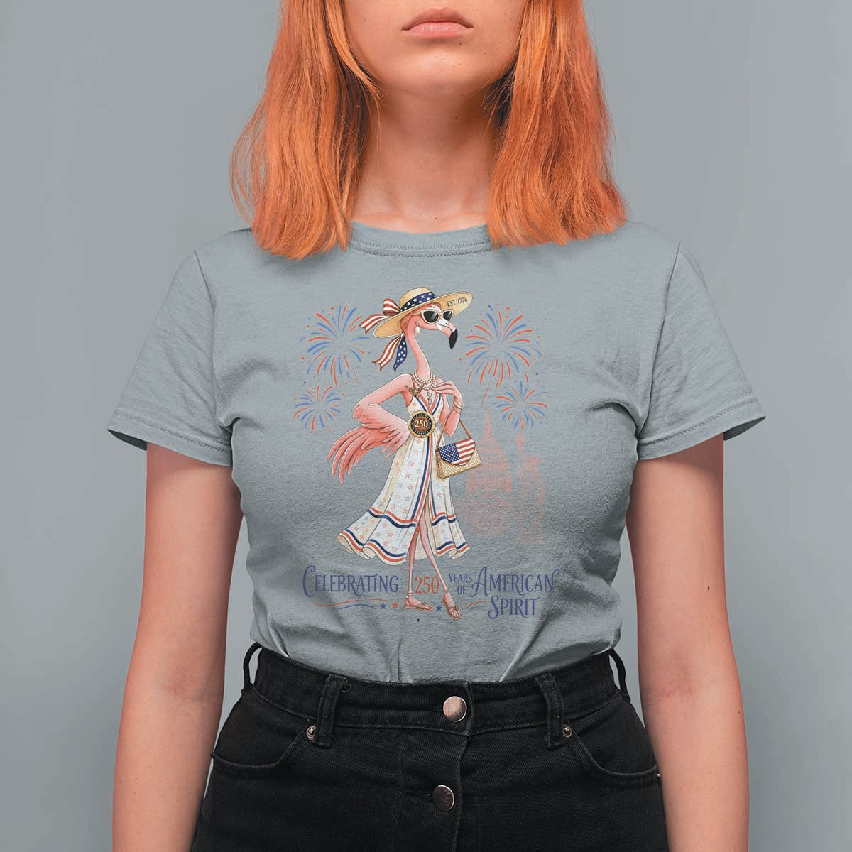 Celebrating 250 Years of American Spirit Flamingo T Shirt For Women Cute Patriotic Tropical Bird Summer Landmarks Fireworks