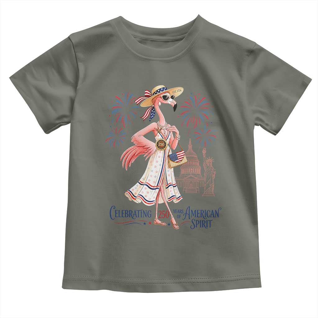 Celebrating 250 Years of American Spirit Flamingo Toddler T Shirt Cute Patriotic Tropical Bird Summer Landmarks Fireworks