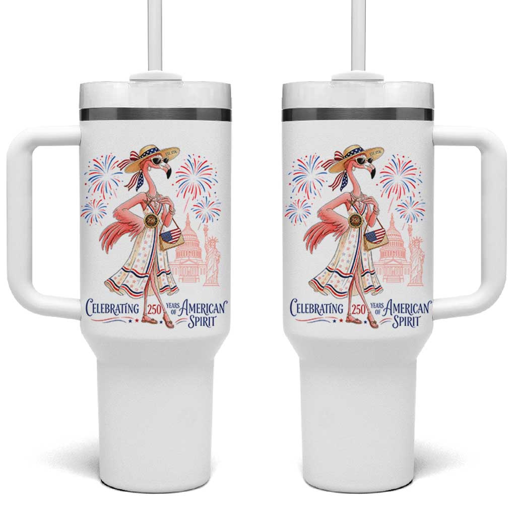 Celebrating 250 Years of American Spirit Flamingo Tumbler With Handle Cute Patriotic Tropical Bird Summer Landmarks Fireworks