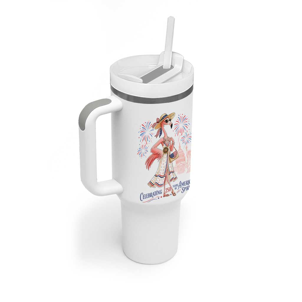 Celebrating 250 Years of American Spirit Flamingo Tumbler With Handle Cute Patriotic Tropical Bird Summer Landmarks Fireworks
