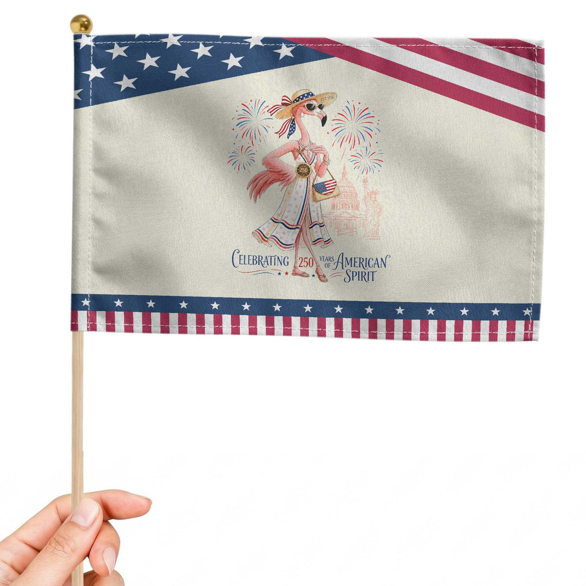 Celebrating 250 Years of American Spirit Flamingo Patriotic Handheld Flag Cute Tropical Bird Summer Landmarks Fireworks