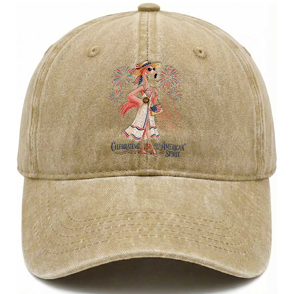Celebrating 250 Years of American Spirit Flamingo Washed Cotton Baseball Cap Cute Patriotic Tropical Bird Summer Landmarks Fireworks