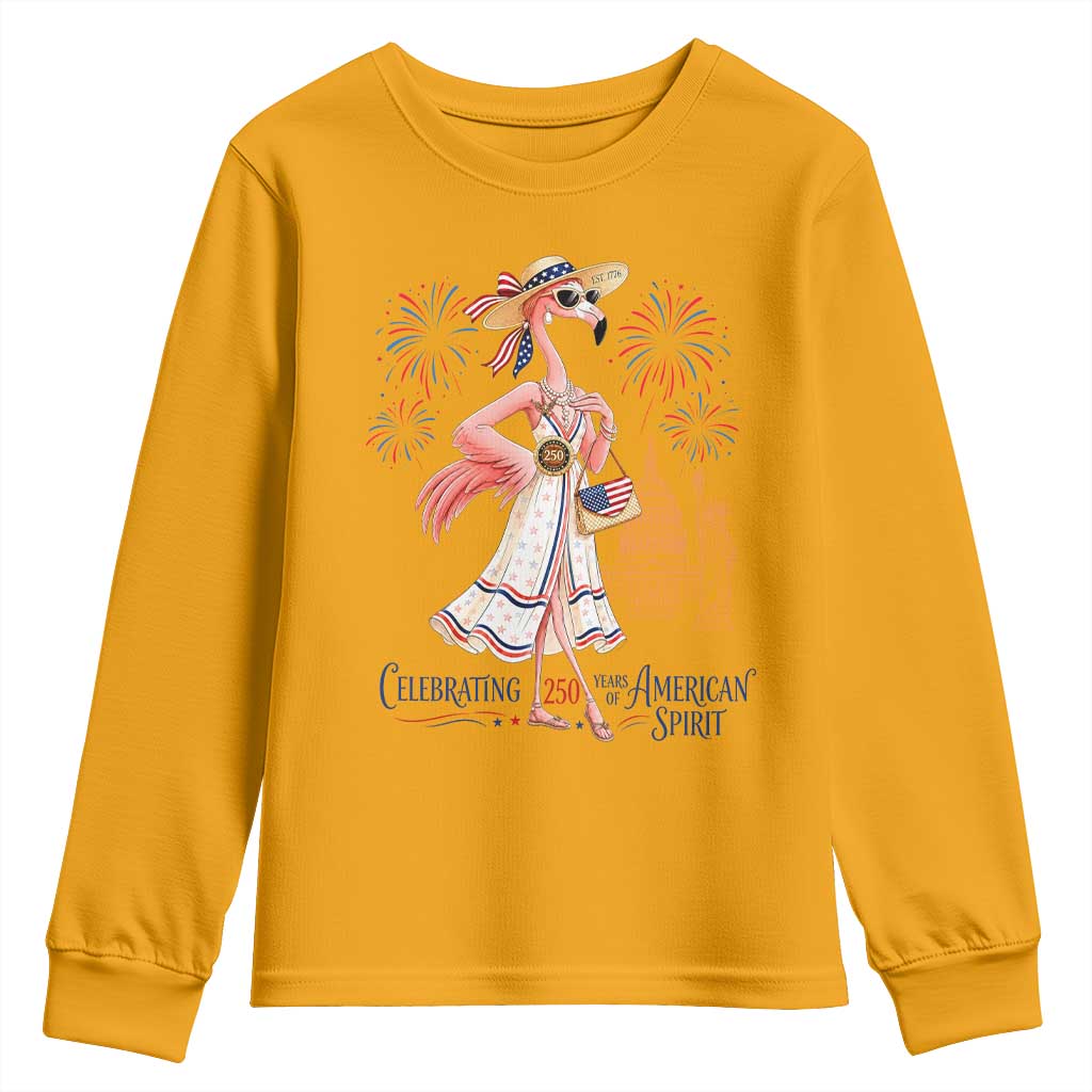 Celebrating 250 Years of American Spirit Flamingo Youth Sweatshirt Cute Patriotic Tropical Bird Summer Landmarks Fireworks