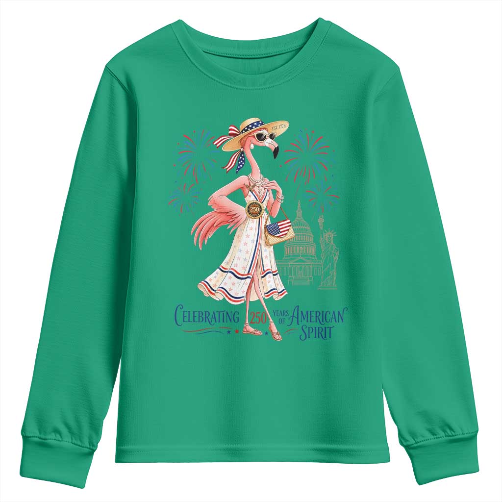 Celebrating 250 Years of American Spirit Flamingo Youth Sweatshirt Cute Patriotic Tropical Bird Summer Landmarks Fireworks