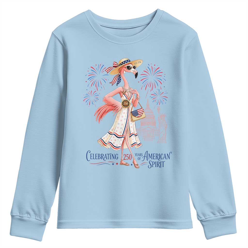 Celebrating 250 Years of American Spirit Flamingo Youth Sweatshirt Cute Patriotic Tropical Bird Summer Landmarks Fireworks