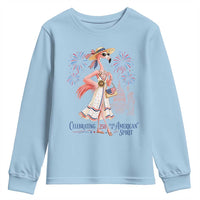 Celebrating 250 Years of American Spirit Flamingo Youth Sweatshirt Cute Patriotic Tropical Bird Summer Landmarks Fireworks