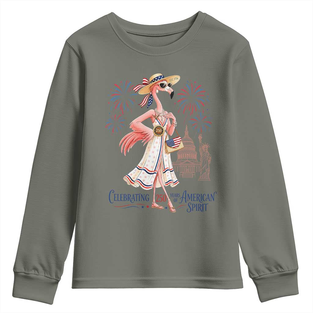 Celebrating 250 Years of American Spirit Flamingo Youth Sweatshirt Cute Patriotic Tropical Bird Summer Landmarks Fireworks