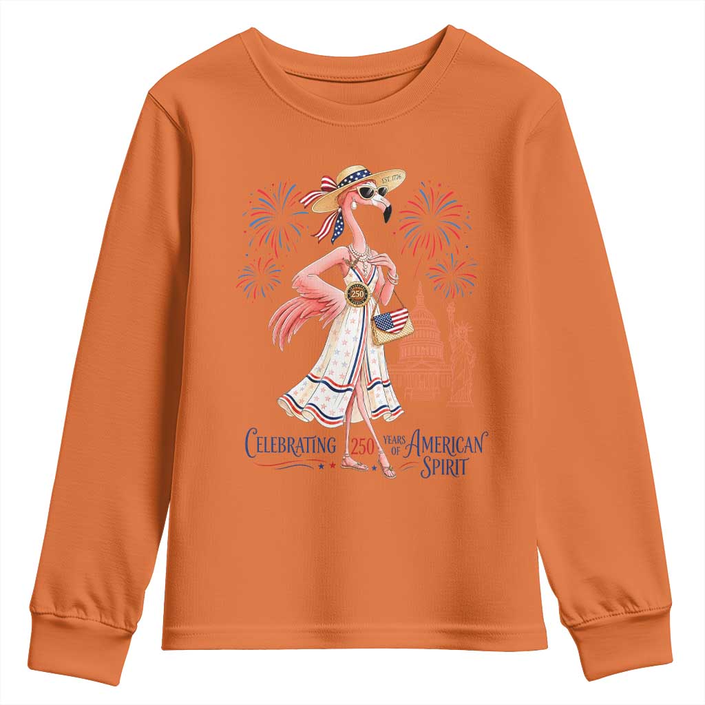 Celebrating 250 Years of American Spirit Flamingo Youth Sweatshirt Cute Patriotic Tropical Bird Summer Landmarks Fireworks