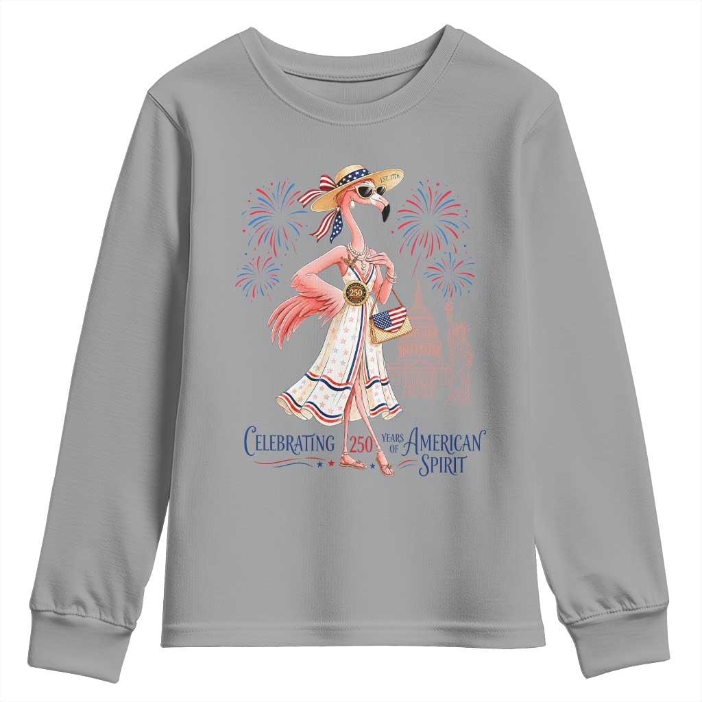 Celebrating 250 Years of American Spirit Flamingo Youth Sweatshirt Cute Patriotic Tropical Bird Summer Landmarks Fireworks