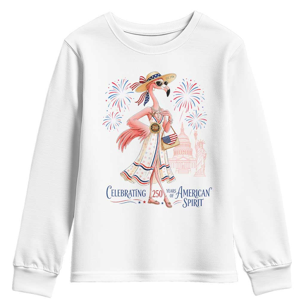 Celebrating 250 Years of American Spirit Flamingo Youth Sweatshirt Cute Patriotic Tropical Bird Summer Landmarks Fireworks