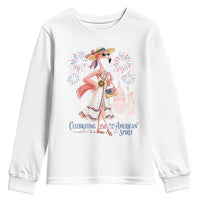 Celebrating 250 Years of American Spirit Flamingo Youth Sweatshirt Cute Patriotic Tropical Bird Summer Landmarks Fireworks