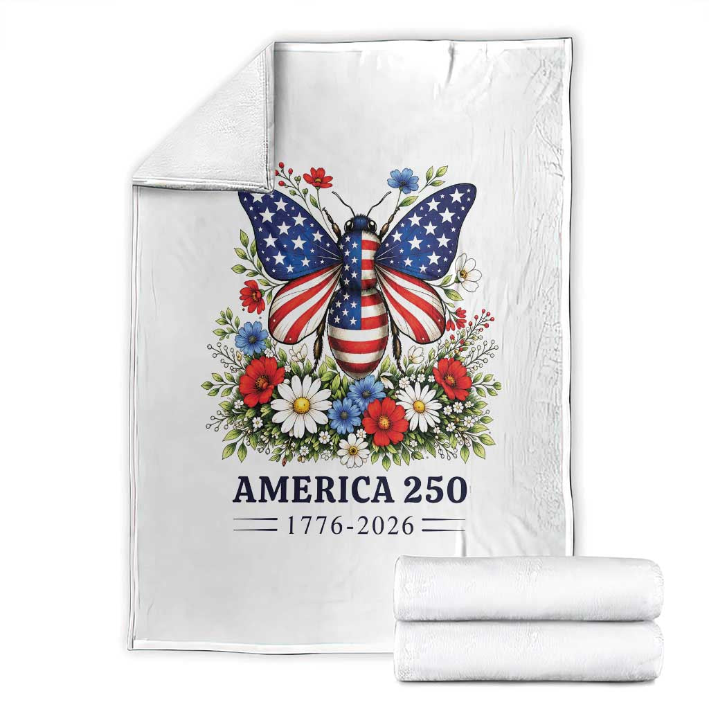 America 250 Patriotic Butterfly Floral Graphic Throw Blanket American Flag Wings Watercolor Wildflowers 1776 to 2026 Semiquincentennial
