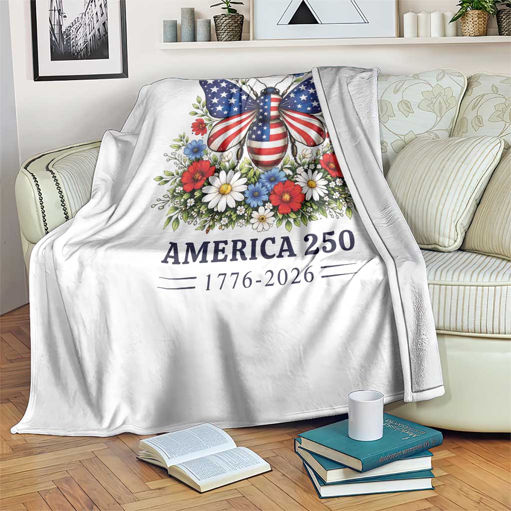 America 250 Patriotic Butterfly Floral Graphic Throw Blanket American Flag Wings Watercolor Wildflowers 1776 to 2026 Semiquincentennial