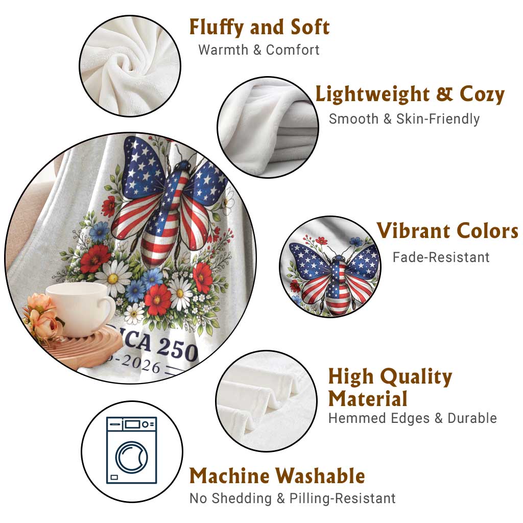 America 250 Patriotic Butterfly Floral Graphic Throw Blanket American Flag Wings Watercolor Wildflowers 1776 to 2026 Semiquincentennial