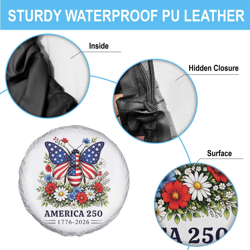 America 250 Patriotic Butterfly Floral Graphic Spare Tire Cover American Flag Wings Watercolor Wildflowers 1776 to 2026 Semiquincentennial