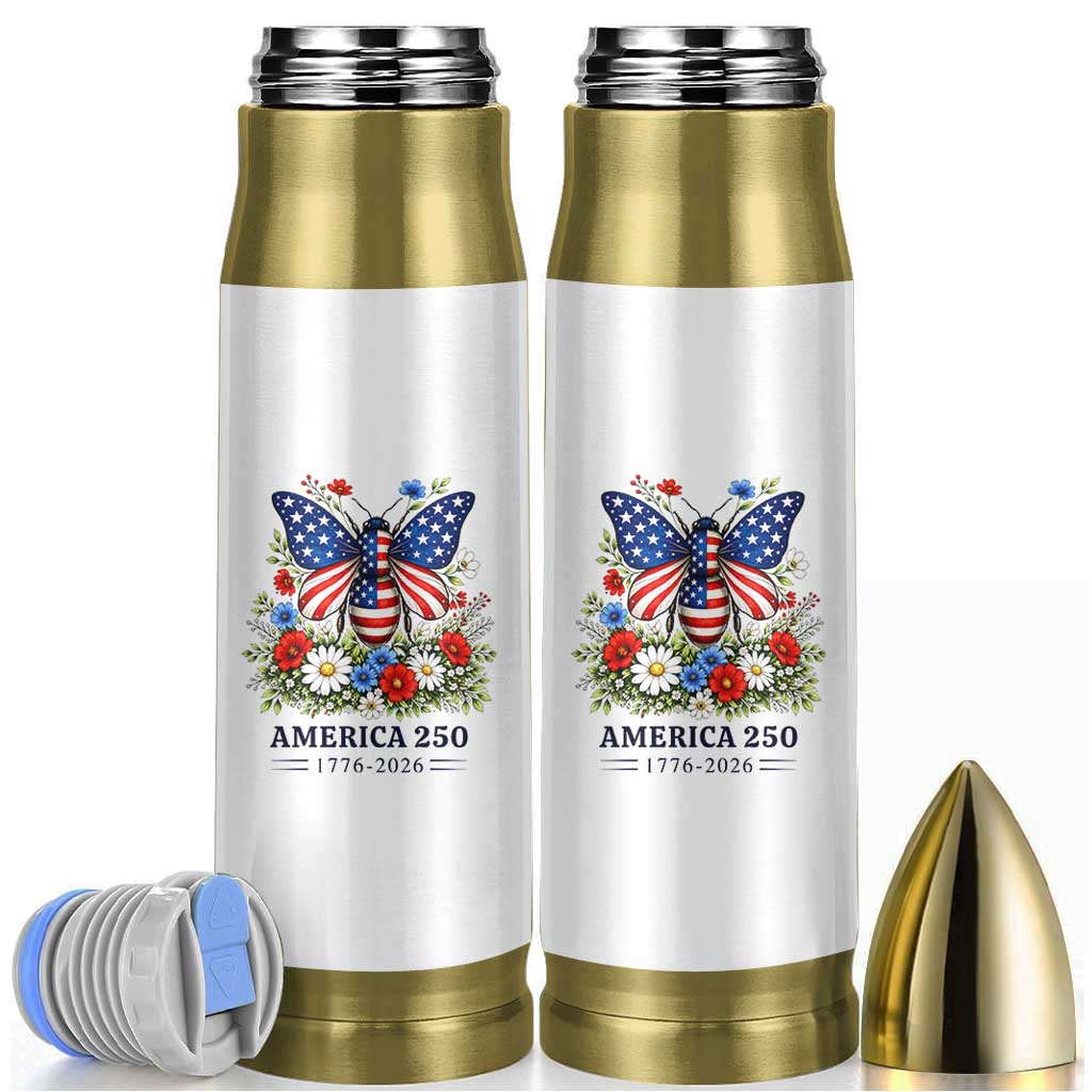 America 250 Patriotic Butterfly Floral Graphic Bullet Tumbler American Flag Wings Watercolor Wildflowers 1776 to 2026 Semiquincentennial