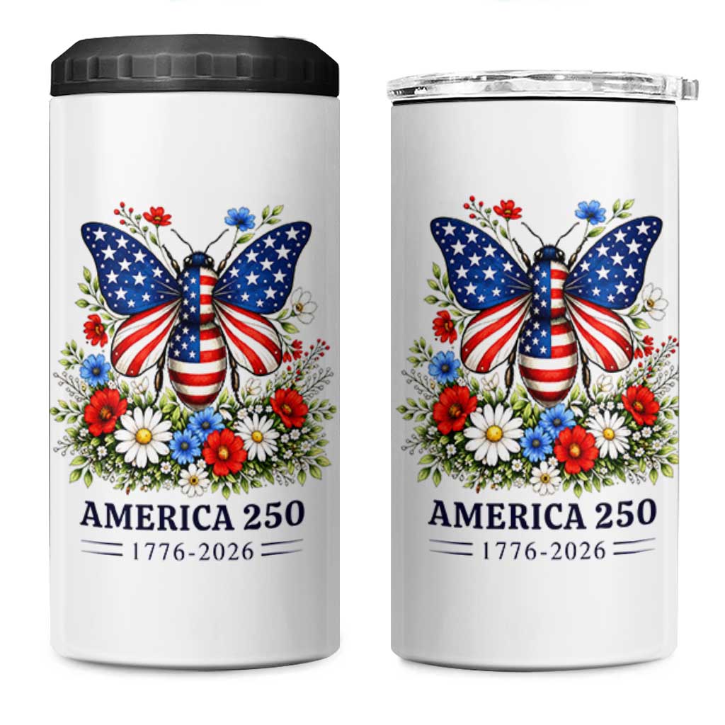 America 250 Patriotic Butterfly Floral Graphic 4 in 1 Can Cooler Tumbler American Flag Wings Watercolor Wildflowers 1776 to 2026 Semiquincentennial
