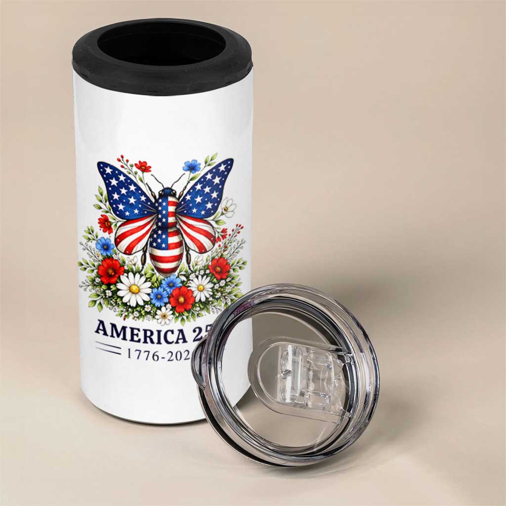 America 250 Patriotic Butterfly Floral Graphic 4 in 1 Can Cooler Tumbler American Flag Wings Watercolor Wildflowers 1776 to 2026 Semiquincentennial