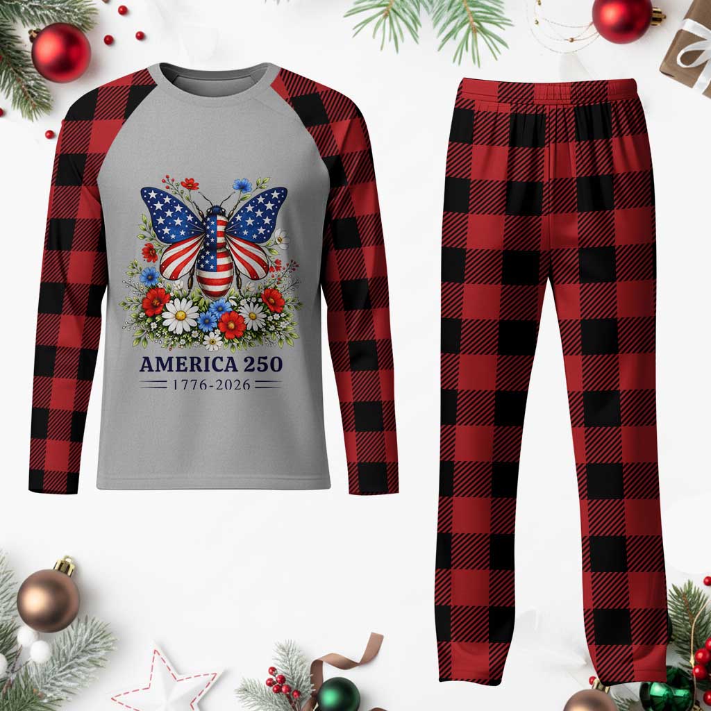 America 250 Patriotic Butterfly Floral Graphic Plaid Pajama Set American Flag Wings Watercolor Wildflowers 1776 to 2026 Semiquincentennial