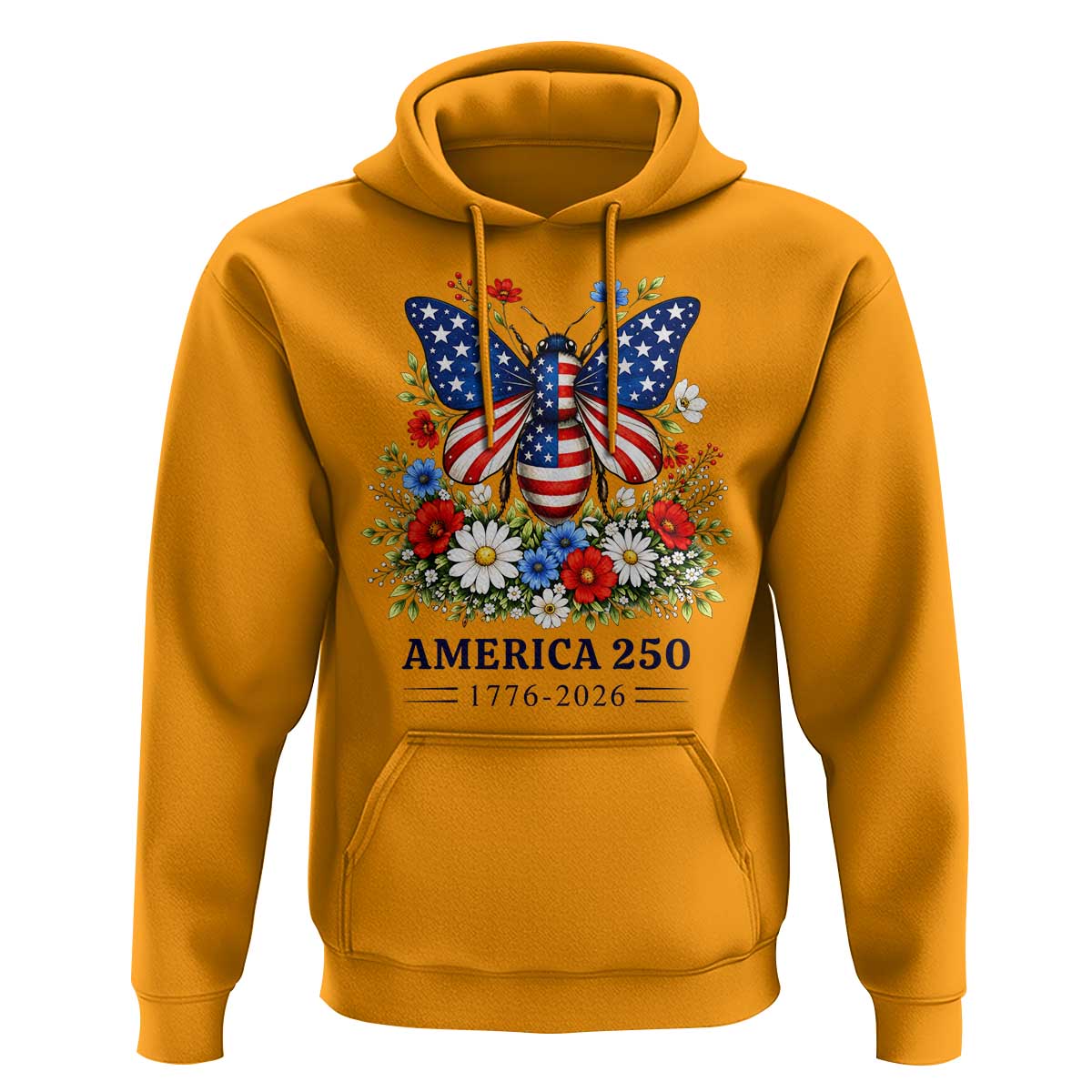 America 250 Patriotic Butterfly Floral Graphic Hoodie American Flag Wings Watercolor Wildflowers 1776 to 2026 Semiquincentennial