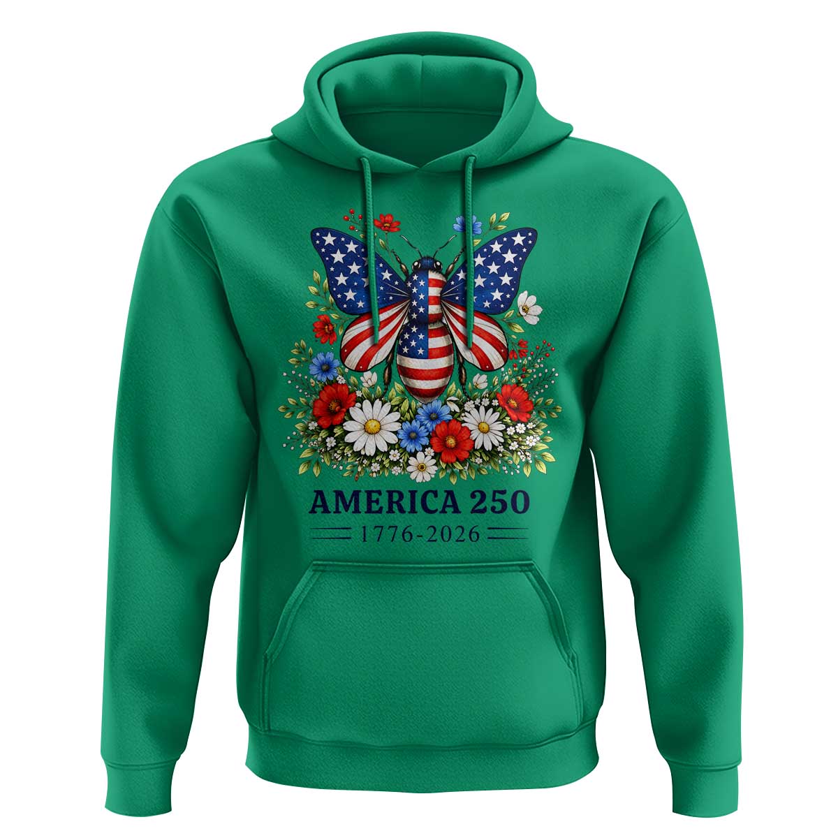 America 250 Patriotic Butterfly Floral Graphic Hoodie American Flag Wings Watercolor Wildflowers 1776 to 2026 Semiquincentennial