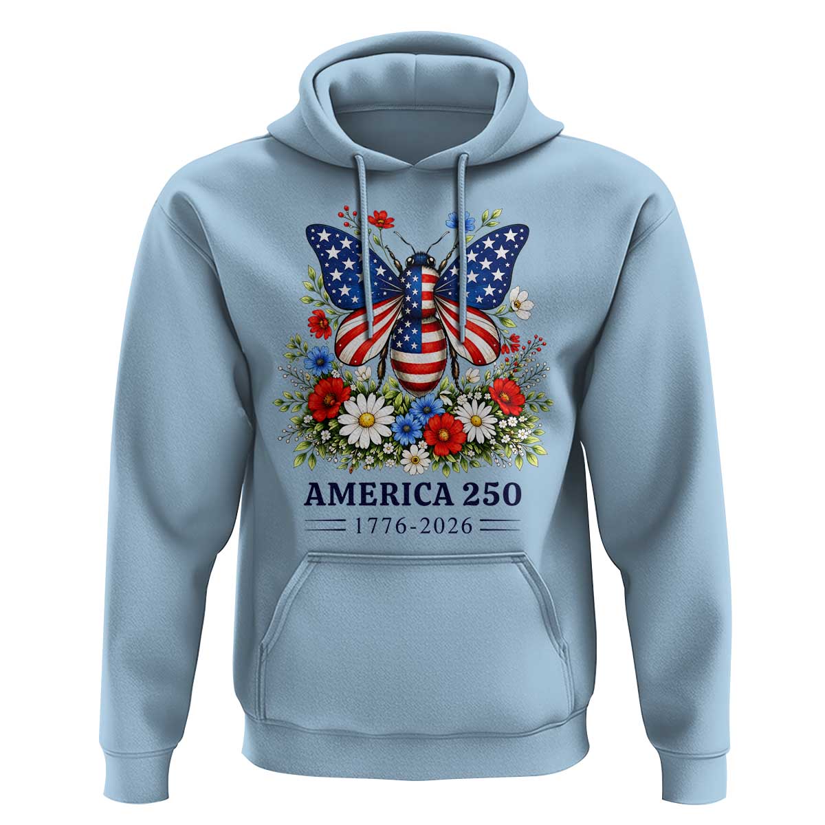 America 250 Patriotic Butterfly Floral Graphic Hoodie American Flag Wings Watercolor Wildflowers 1776 to 2026 Semiquincentennial