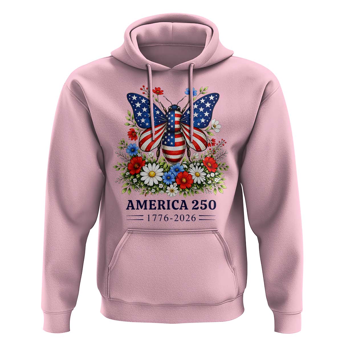 America 250 Patriotic Butterfly Floral Graphic Hoodie American Flag Wings Watercolor Wildflowers 1776 to 2026 Semiquincentennial