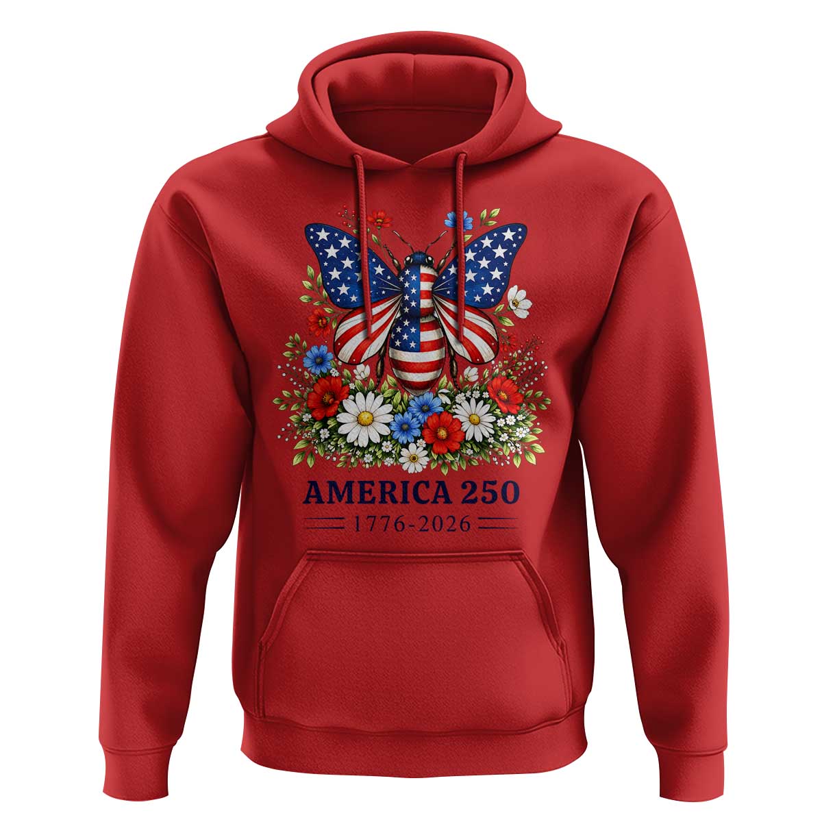 America 250 Patriotic Butterfly Floral Graphic Hoodie American Flag Wings Watercolor Wildflowers 1776 to 2026 Semiquincentennial