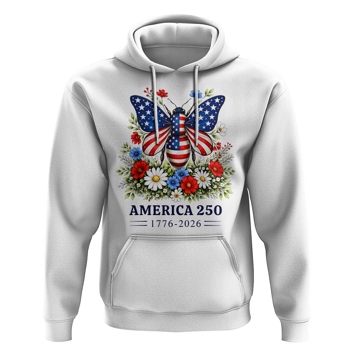America 250 Patriotic Butterfly Floral Graphic Hoodie American Flag Wings Watercolor Wildflowers 1776 to 2026 Semiquincentennial