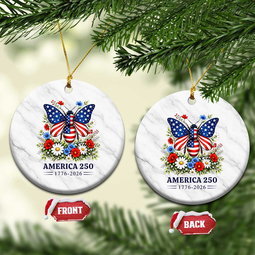 America 250 Patriotic Butterfly Floral Graphic Ceramic Ornament American Flag Wings Watercolor Wildflowers 1776 to 2026 Semiquincentennial