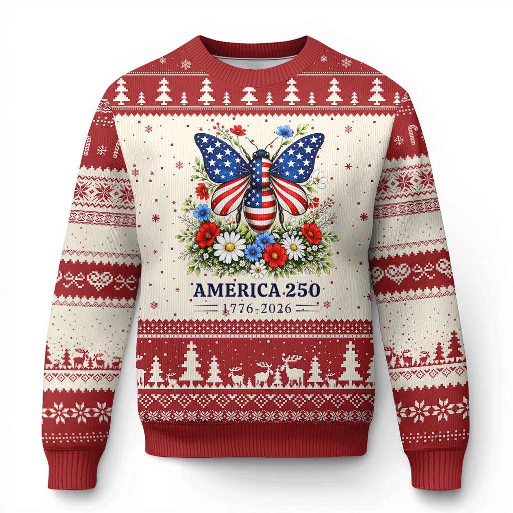America 250 Patriotic Butterfly Floral Graphic Ugly Christmas Sweater American Flag Wings Watercolor Wildflowers 1776 to 2026 Semiquincentennial