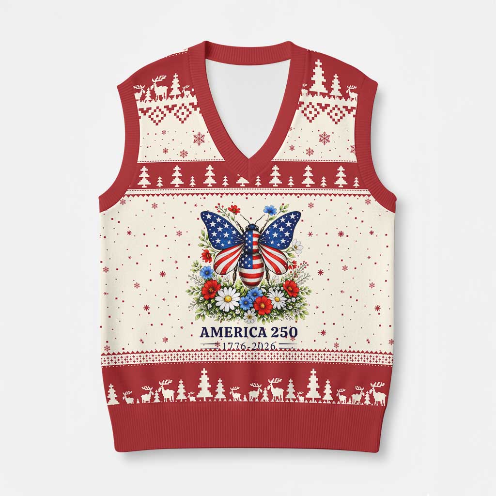 America 250 Patriotic Butterfly Floral Graphic V-Neck Knit Sweater Vest American Flag Wings Watercolor Wildflowers 1776 to 2026 Semiquincentennial