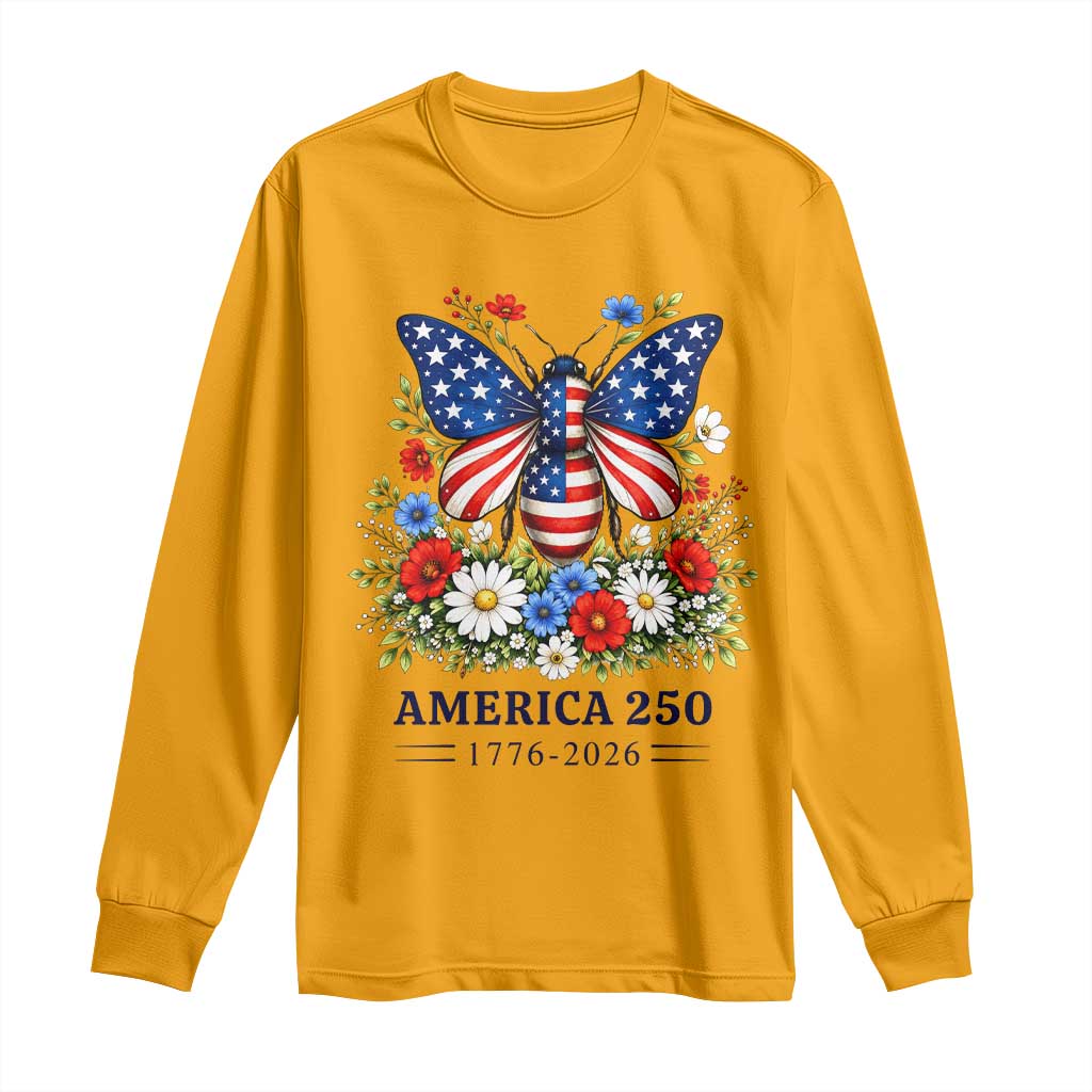 America 250 Patriotic Butterfly Floral Graphic Long Sleeve Shirt American Flag Wings Watercolor Wildflowers 1776 to 2026 Semiquincentennial