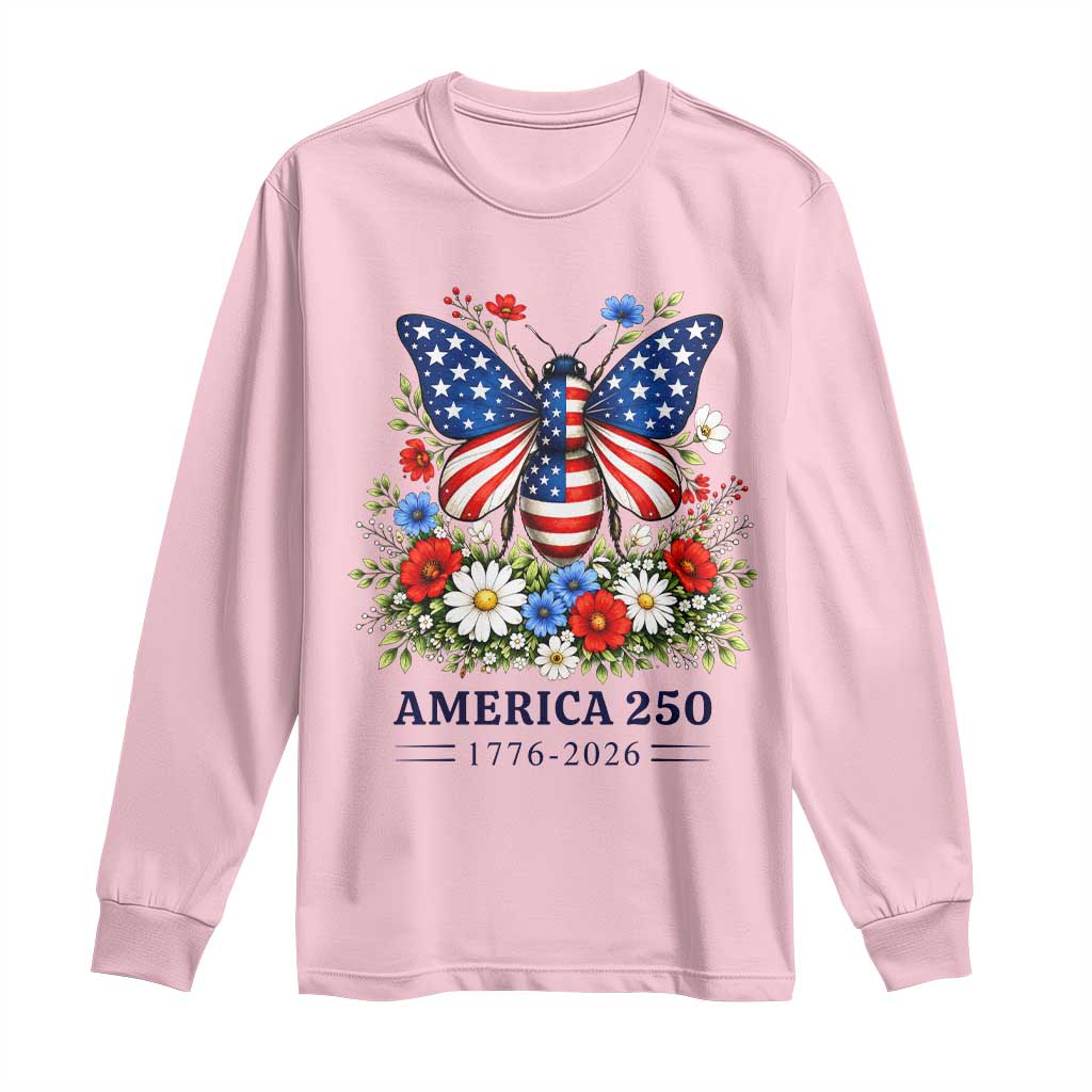 America 250 Patriotic Butterfly Floral Graphic Long Sleeve Shirt American Flag Wings Watercolor Wildflowers 1776 to 2026 Semiquincentennial