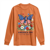 America 250 Patriotic Butterfly Floral Graphic Long Sleeve Shirt American Flag Wings Watercolor Wildflowers 1776 to 2026 Semiquincentennial