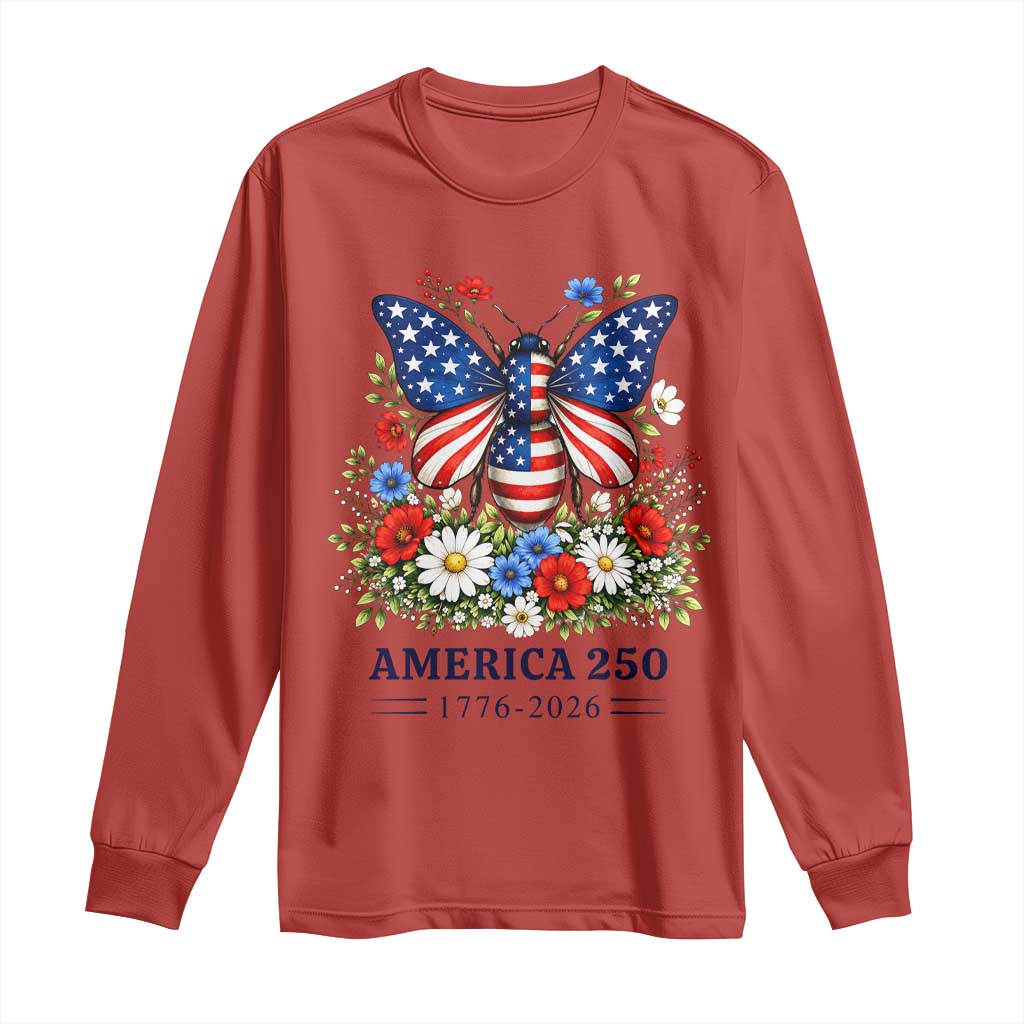 America 250 Patriotic Butterfly Floral Graphic Long Sleeve Shirt American Flag Wings Watercolor Wildflowers 1776 to 2026 Semiquincentennial