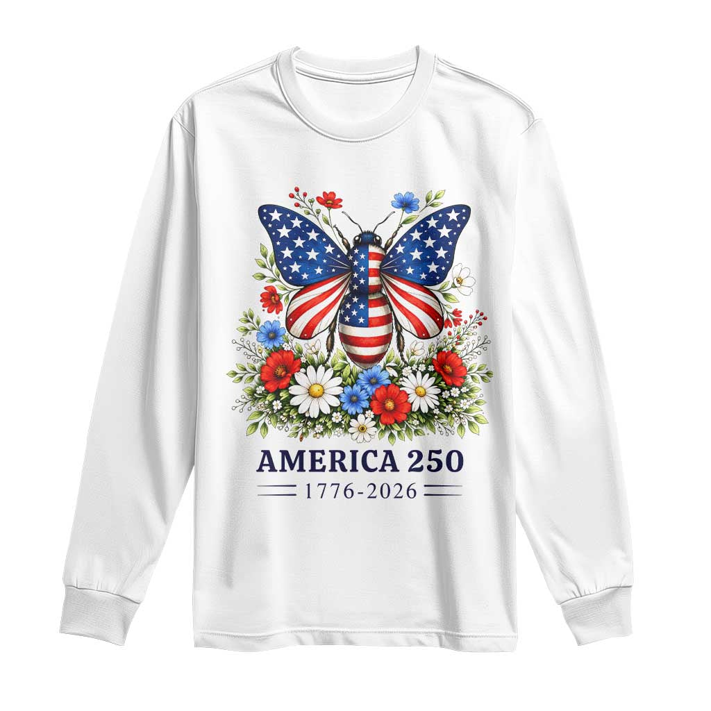 America 250 Patriotic Butterfly Floral Graphic Long Sleeve Shirt American Flag Wings Watercolor Wildflowers 1776 to 2026 Semiquincentennial