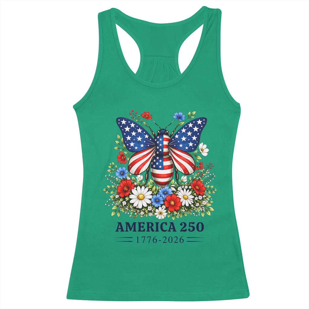 America 250 Patriotic Butterfly Floral Graphic Racerback Tank Top American Flag Wings Watercolor Wildflowers 1776 to 2026 Semiquincentennial