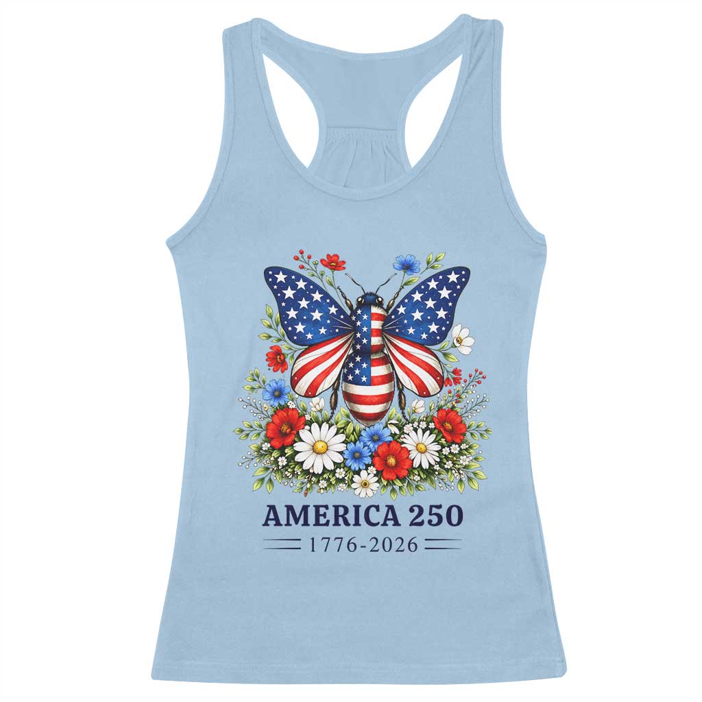 America 250 Patriotic Butterfly Floral Graphic Racerback Tank Top American Flag Wings Watercolor Wildflowers 1776 to 2026 Semiquincentennial